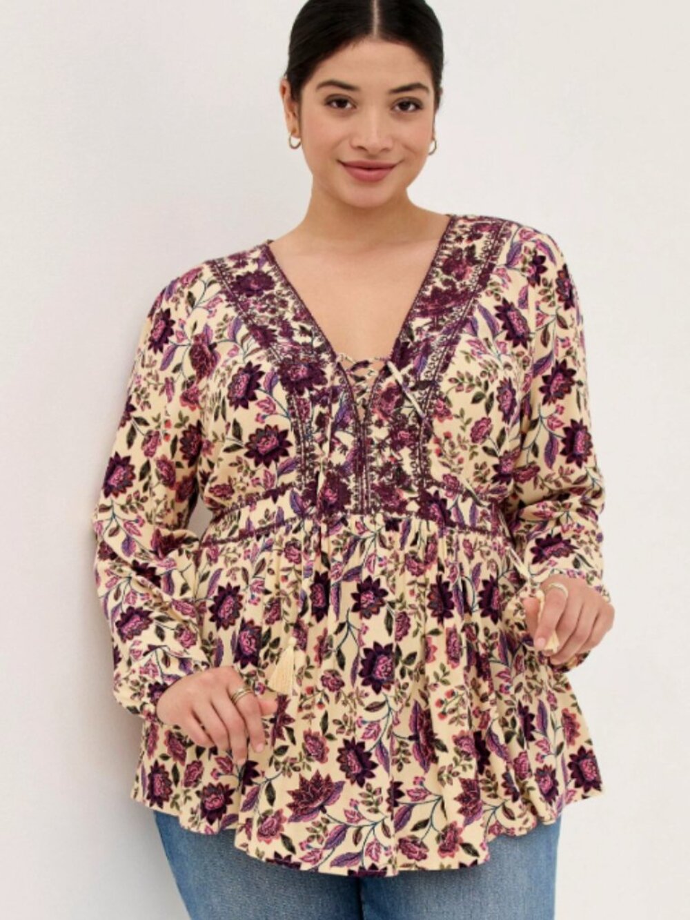 Torrid Babydoll Rayon Crepe Floral Print Embroidered Peasant Top Boho Sz 3X